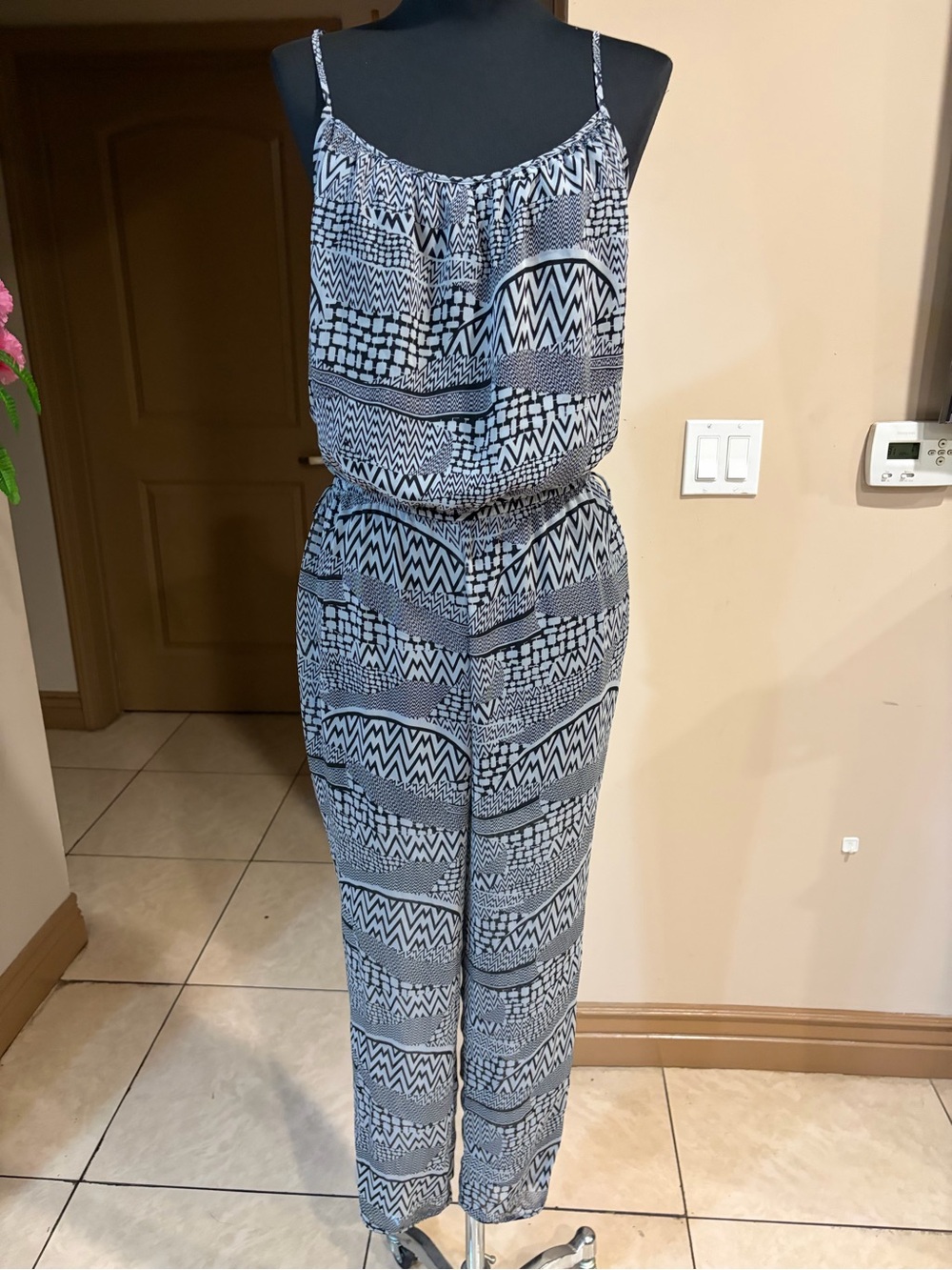 Forever 21 Black and White Geometric Print Spaghetti Strap Jumpsuit